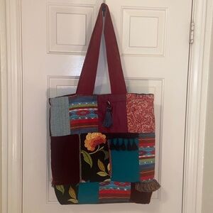 Boho Quilted Bag with Accents • 2 handles • Snap Closure • Beaded, Brocade